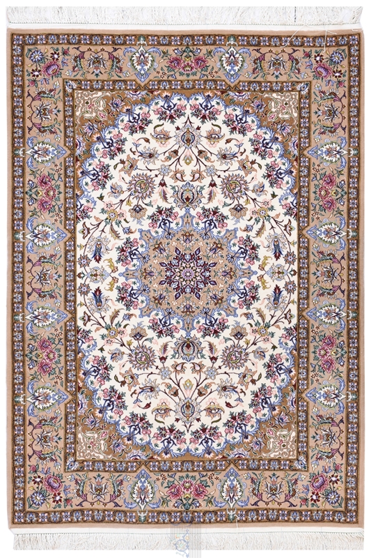 تصویر فرش دستباف ذرع و نیم اصفهان لچک ترنج 900خفت چله ابریشم کرم