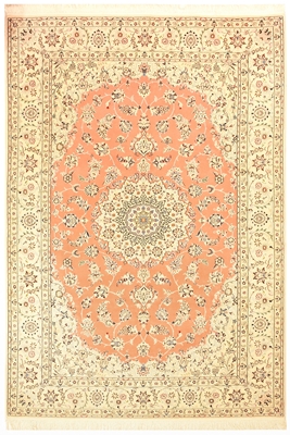 تصویر فرش دستباف نایین ۶متری ۹لا پشم و ابریشم طرح لچک ترنج مسی