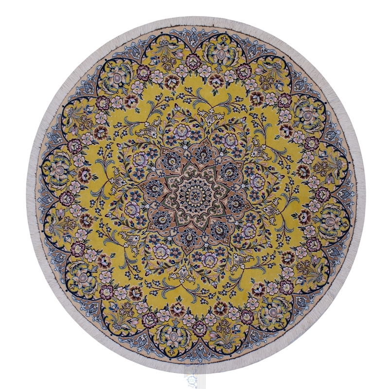 تصویر فرش دستباف نایین دایره ۱/۵ متری ۹لا پشم و ابریشم طرح لچک ترنج زرد