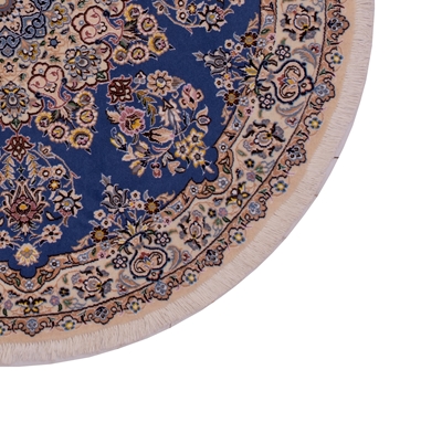 تصویر فرش دستباف نایین دایره ۱/۵ متری ۹لا پشم و ابریشم طرح لچک ترنج آبی
